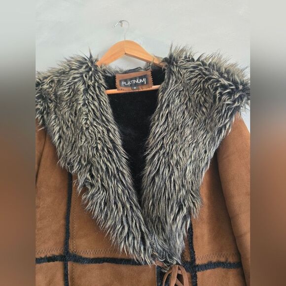 Vtg Brown Faux Suede Fur Hooded Full Length Long Afghan Penny Lane Coat Sz M - Picture 2 of 16